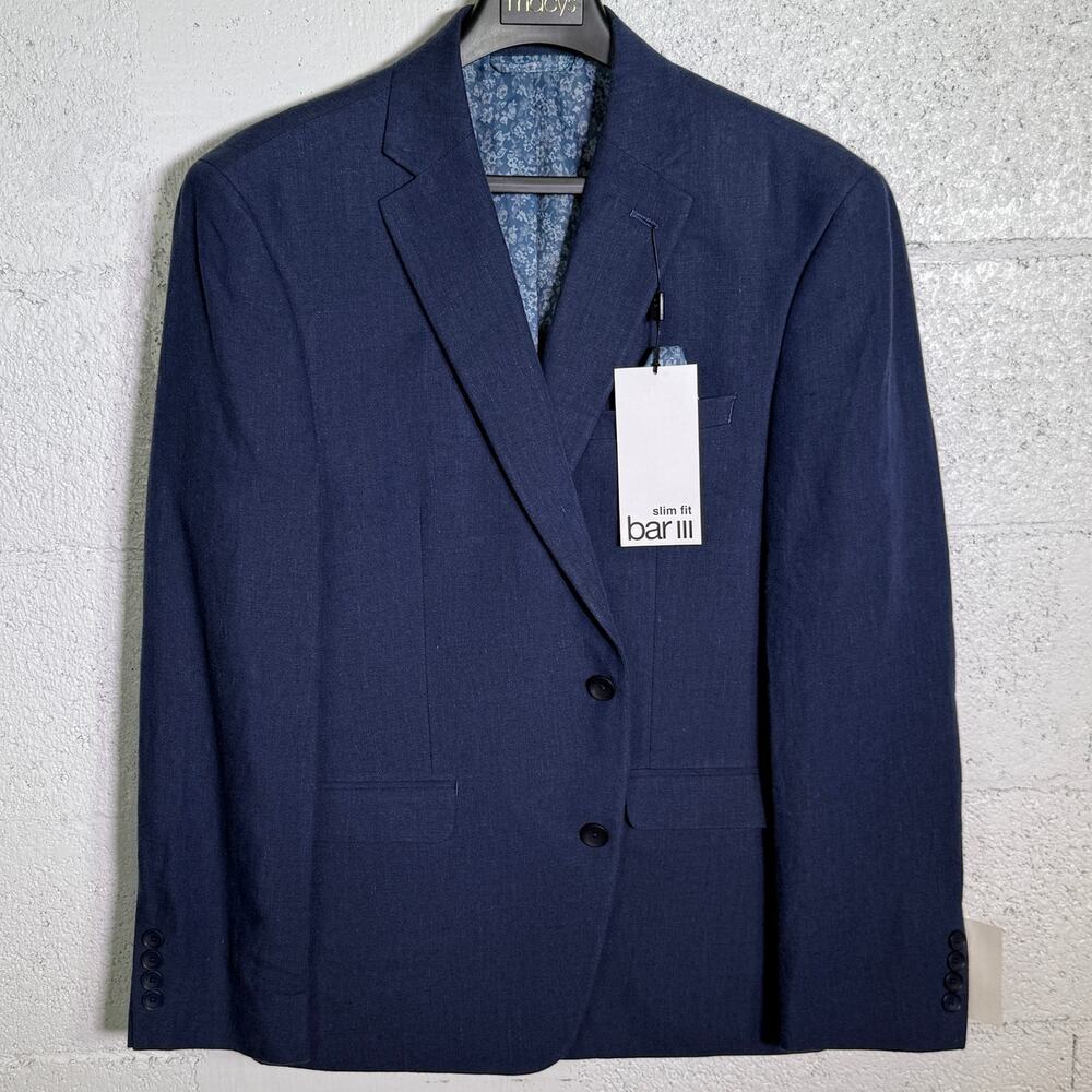 Bar III Men's Slim-Fit Chambray Linen Suit Jackets, navy 42S $360